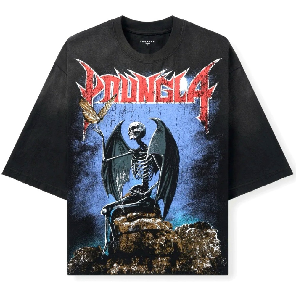 YoungLA Black Tee with Skeleton and Butterfly Design